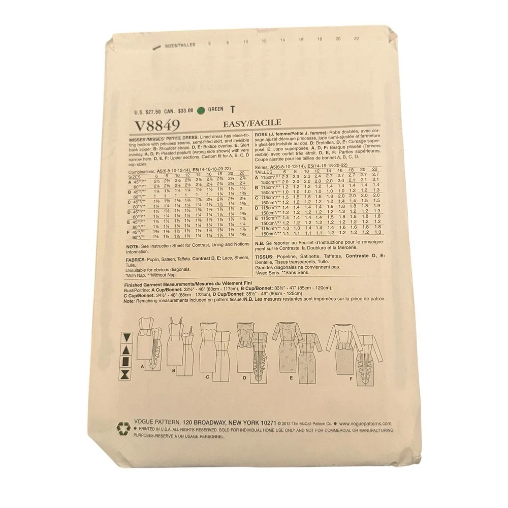 Vogue Sewing Pattern Woman Misses' Petite Dresses Custom‎ Fit V8849 WMS SZ 6-14